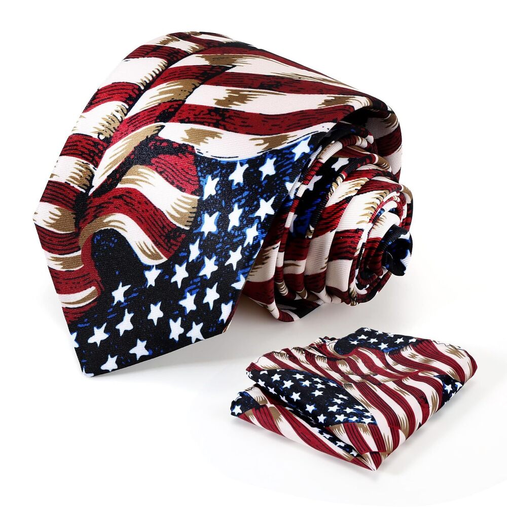 1971 American Flag Tie Set 3.27" 8.3CM USA Flag Neckties and Pocket Square